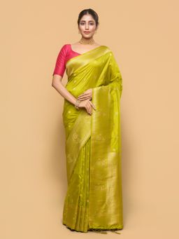 Pallu Patari - Women Zari Woven Banarasi Silk Olive Saree with Unstitched Blouse