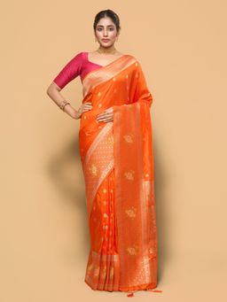 Pallu Patari - Women Zari Woven Banarasi Silk Orange Saree with Unstitched Blouse