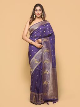Pallu Patari - Women Zari Woven Banarasi Silk Purple Saree with Unstitched Blouse