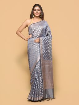 Pallu Patari - Women Zari Woven Tessar Silk Blue Saree with Unstitched Blouse