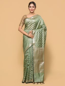 Pallu Patari - Women Zari Woven Tessar Silk Green Saree with Unstitched Blouse