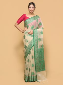 Pallu Patari - Women Woven Kota Silk Green Saree with Unstitched Blouse