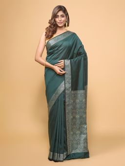 Pallu Patari - Women Woven Banarasi Silk Green Saree with Unstitched Blouse