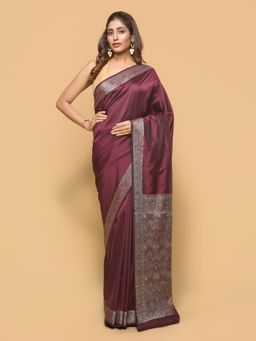 Pallu Patari - Women Woven Banarasi Silk Wine Saree with Unstitched Blouse