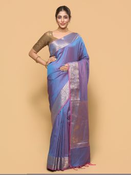 Pallu Patari - Women Zari Woven Banarasi Silk Blue Saree with Unstitched Blouse