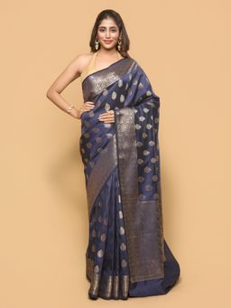 Pallu Patari - Women Zari Woven Banarasi Silk Blue Saree with Unstitched Blouse