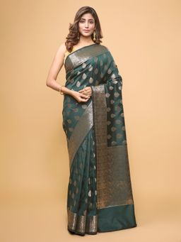 Pallu Patari - Women Zari Woven Banarasi Silk Green Saree with Unstitched Blouse