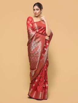 Pallu Patari - Women Zari Woven Banarasi Silk Red Saree with Unstitched Blouse
