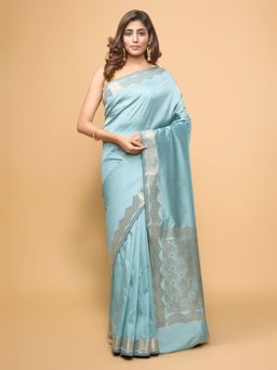 Pallu Patari - Women Zari Woven Banarasi Silk Blue Saree with Unstitched Blouse