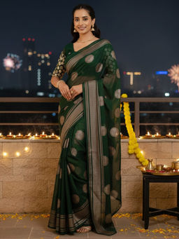 Akhilam - Georgette Woven Green Saree With Unstitched Blouse