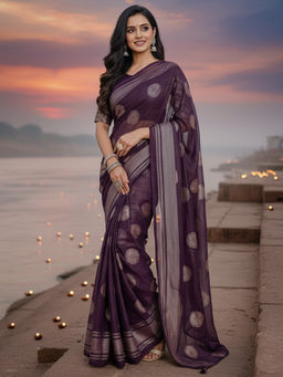 Akhilam - Georgette Woven Wine Saree With Unstitched Blouse