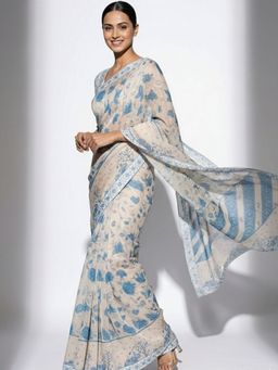 Niska - Floral Pure Georgette Cream Saree without Blouse