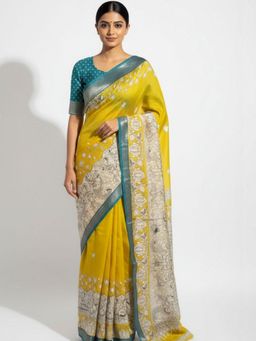 Niska - Ethnic Motifs Silk Blend Handloom Yellow Saree without Blouse