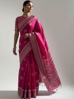 Niska - Embellished Zari Silk Blend Handloom Pink Saree without Blouse