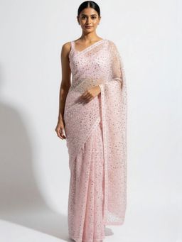 Niska - Embellished Embroidered Net Heavy Work Pink Saree without Blouse