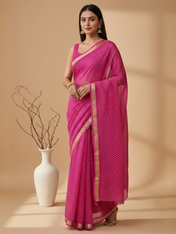 Akhilam - Chiffon Printed Designer Pink Saree With Unstitched Blouse