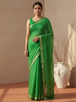 Akhilam - Chiffon Printed Designer Green Saree With Unstitched Blouse