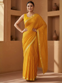 Akhilam - Chiffon Printed Designer Mustard Saree With Unstitched Blouse