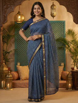 Akhilam - Chiffon Printed Designer Blue Saree With Unstitched Blouse