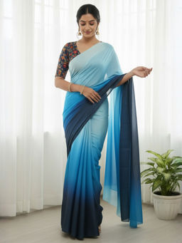 Akhilam - Georgette Ombre Solid Blue Saree With Unstitched Blouse