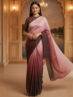 Akhilam - Georgette Ombre Solid Brown Saree With Unstitched Blouse