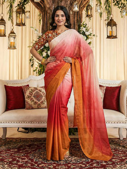 Akhilam - Georgette Ombre Solid Orange Saree With Unstitched Blouse
