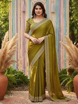 Akhilam - Pure Georgette Embellished Designer Green Saree With Unstitched Blouse