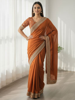 Akhilam - Pure Georgette Embellished Designer Bronze Saree With Unstitched Blouse