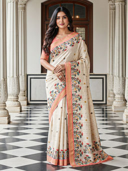 Akhilam - Cotton Silk Floral Printed Beige Saree With Unstitched Blouse