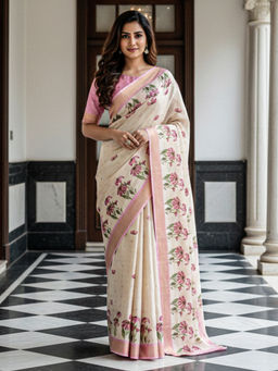 Akhilam - Cotton Silk Floral Printed Beige Saree With Unstitched Blouse