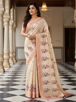 Akhilam - Cotton Silk Floral Printed Beige Saree With Unstitched Blouse