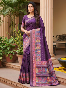 Akhilam - Cotton Silk Floral Printed Purple Saree With Unstitched Blouse
