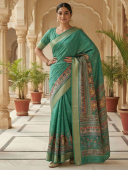 Akhilam - Cotton Silk Floral Printed Teal Saree With Unstitched Blouse