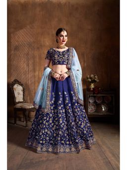 Pink Ethnic - Navy Blue Silk Embroidered Semi-Stitched Lehenga with Unstitched Choli and Dupatta