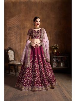 Pink Ethnic - Maroon Raw Silk Embroidered Semi-Stitched Lehenga with Unstitched Choli and Dupatta
