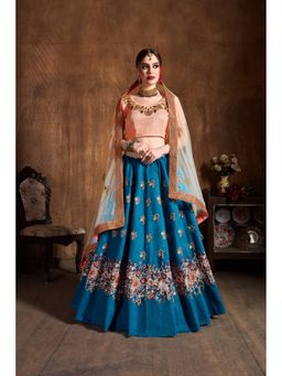 Pink Ethnic - Teal Raw Silk Embroidered Semi-Stitched Lehenga with Unstitched Choli and Dupatta