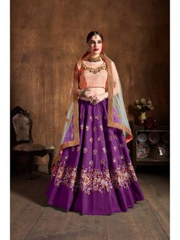 Pink Ethnic - Purple Raw Silk Embroidered Semi-Stitched Lehenga with Unstitched Choli and Dupatta