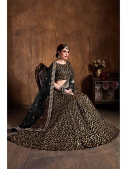 Pink Ethnic - Black Raw Silk Embroidered Semi-Stitched Lehenga with Unstitched Choli and Dupatta