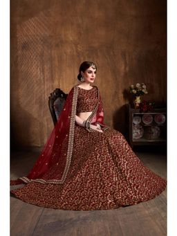 Pink Ethnic - Maroon Raw Silk Embroidered Semi-Stitched Lehenga with Unstitched Choli and Dupatta