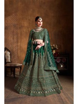 Pink Ethnic - Green Raw Silk Embroidered Semi-Stitched Lehenga with Unstitched Choli and Dupatta