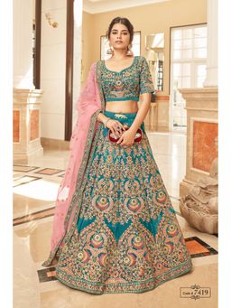 Pink Ethnic - Teal Blue Velvet Embroidered Semi-Stitched Lehenga with Unstitched Choli and Dupatta