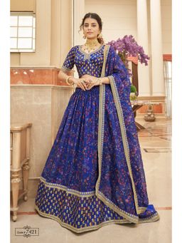 Pink Ethnic - Blue Organza Embroidered Semi-Stitched Lehenga with Unstitched Choli and Dupatta