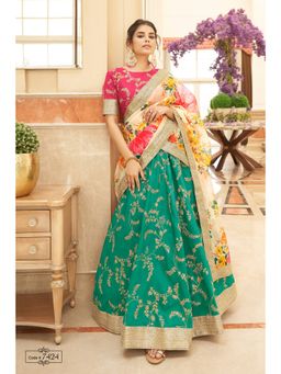 Pink Ethnic - Green Art Silk Embroidered Semi-Stitched Lehenga with Unstitched Choli and Dupatta