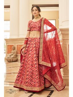 Pink Ethnic - Red Art Silk Embroidery Semi-Stitched Lehenga with Unstitched Choli and Net Dupatta