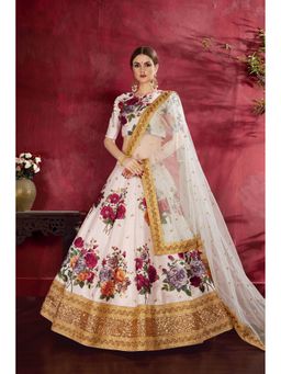 Pink Ethnic - White Banglori Silk Floral Semi-Stitched Lehenga with Unstitched Choli and Dupatta