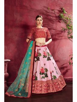Pink Ethnic - Pink Banglori Silk Floral Semi-Stitched Lehenga with Unstitched Choli and Dupatta
