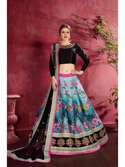 Pink Ethnic - Blue Banglori Silk Floral Semi-Stitched Lehenga with Unstitched Choli and Dupatta