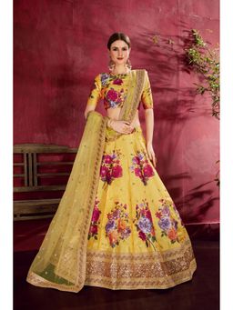 Pink Ethnic - Yellow Banglori Silk Floral Semi-Stitched Lehenga with Unstitched Choli and Dupatta