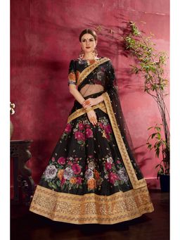 Pink Ethnic - Black Banglori Silk Floral Semi-Stitched Lehenga with Unstitched Choli and Dupatta