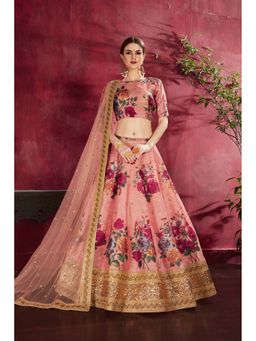 Pink Ethnic - Peach Banglori Silk Floral Semi-Stitched Lehenga with Unstitched Choli and Dupatta